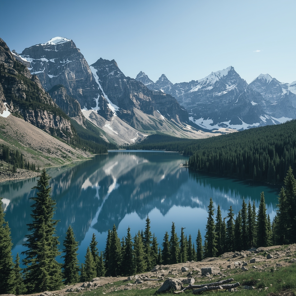 Breathtaking mountain landscape with a crystal clear lake reflecting the snowy peaks, sunny day, vibrant green forest in the foreground, travel and adventure theme, photorealistic, 8k resolution, cinematic lighting, no text, nano banana style (this prompt alway no include woman image)
